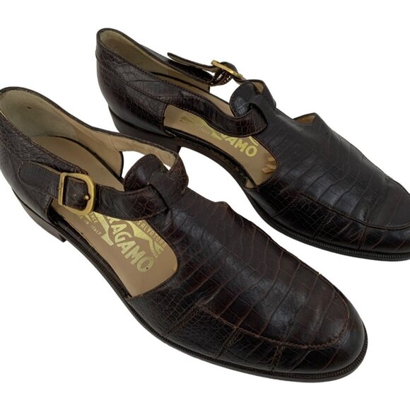 VTG Ferragamo 7B Crocodile Leather T-strap Buckle Shoes Flat Brown Italy 7965 - Picture 2 of 15